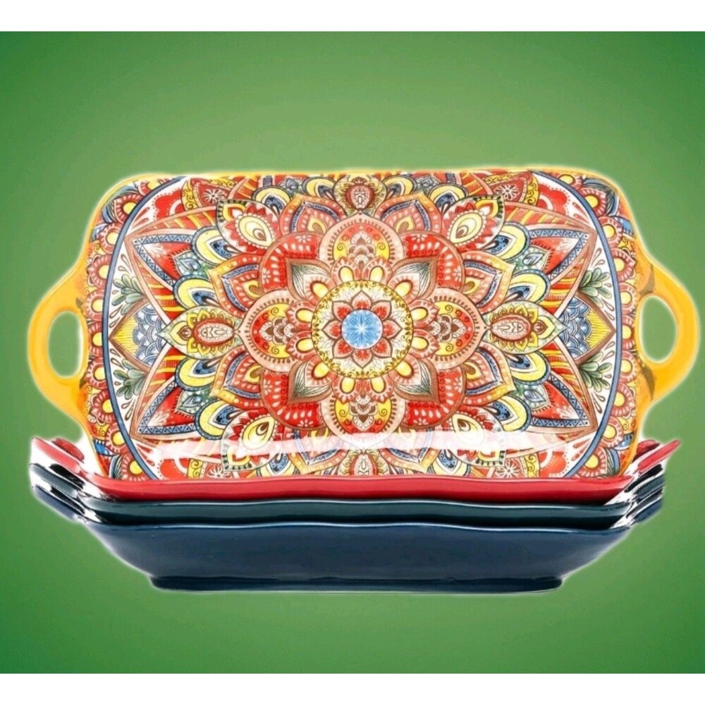 Boho Ceramic Serving Platters Set of 4 - 12" Large Dishes w/ Handles, Mix-Color